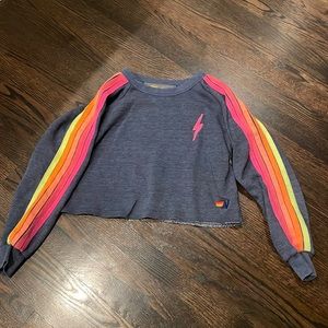 Aviator Nation Crop Crewneck Navy with Neon 5 Stripe Size S